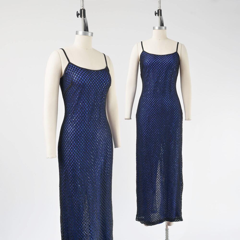 Vintage 90s Y2K Sequin Mesh Maxi Dress Blue Black Stretchy Fishnet Slip XS